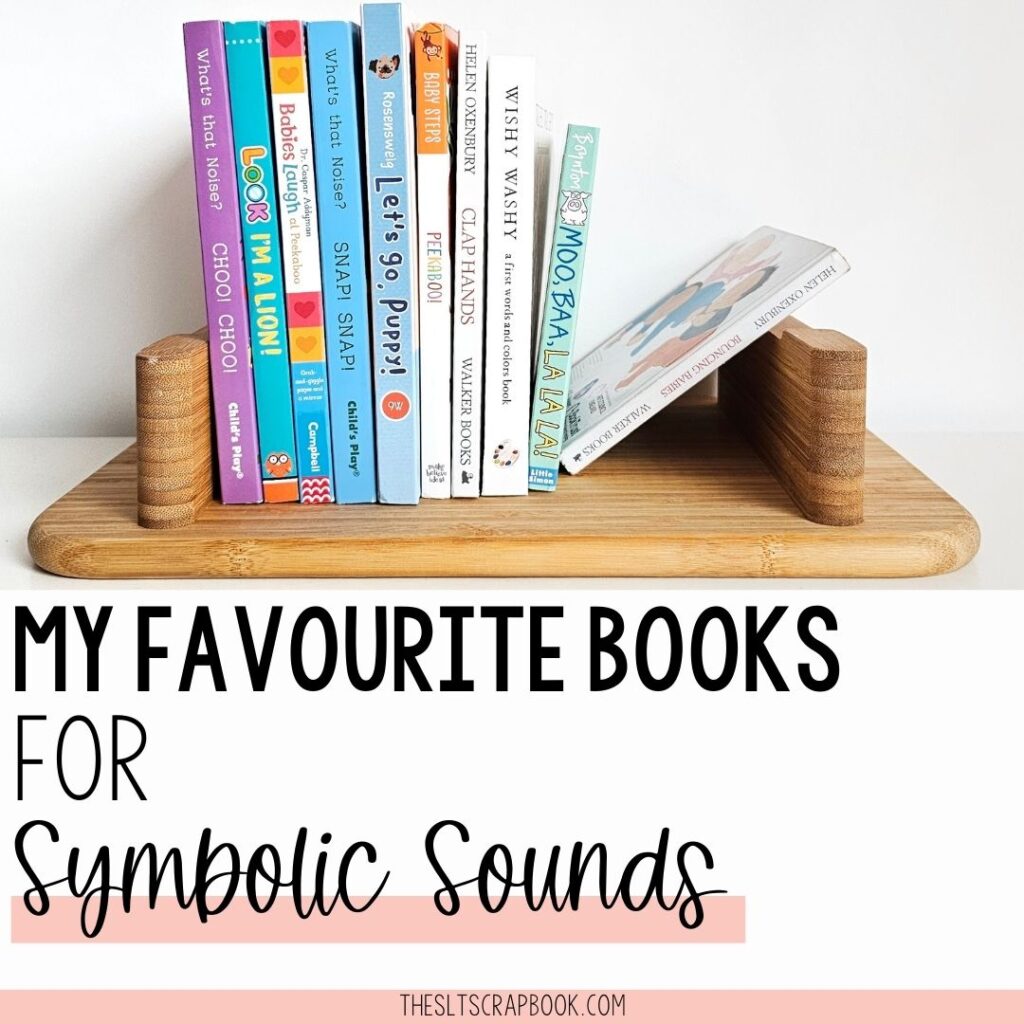 Picture of ten books on a wooden bookstand. Black text on a white background reads "My favourite books for Symbolic Sounds".