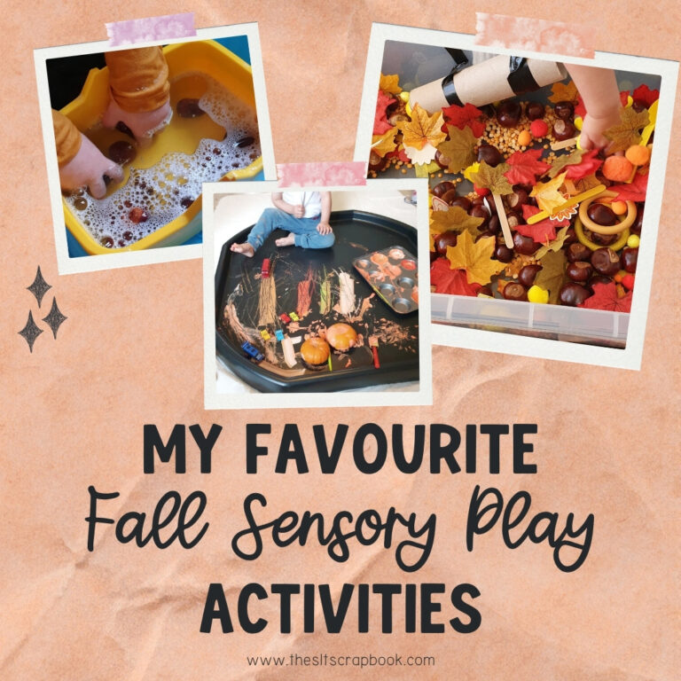 Orange crinkled paper background with three polaroid-style images showing different fall-themed activities, such as washing conkers, painting with pumpkins, and a fall sensory bin. Black text in varying fonts reads "My Favourite Fall Sensory Play Activities"