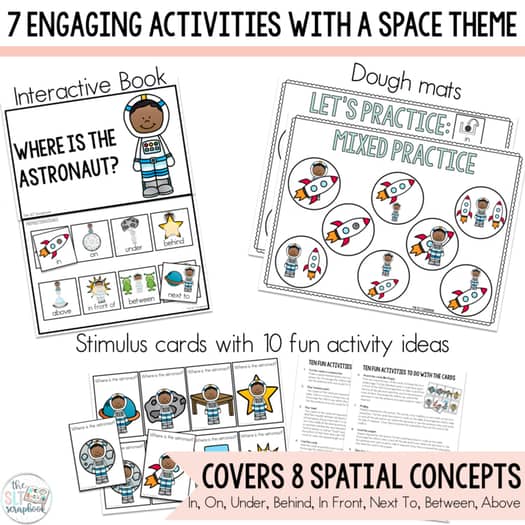 Space themed prepositions worksheets, foldable books and play dough mats