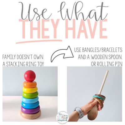 The title reads "Use what they have", the picture on the left shows a stacking ring toy with the colours in rainbow order. On the right there is a picture of bracelets/bangles on a wooden spoon.