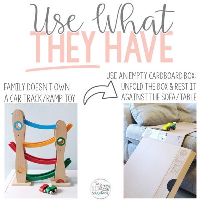 Picture title reads "Use what they have" with two pictures- on the left a picture of a car ramp, then on the right a picture of a ramp made out of a cardboard box.