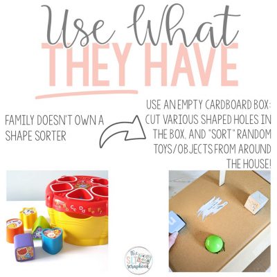 Title reads "Use what they have", on the left is a shape sorter toy, on the right is a cardboard box with holes cut out and toys being pushed inside. This is a great alternative option for this common toy.
