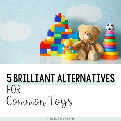 Picture of a pile of toys against a blue background. The text reads "5 brilliant alternatives for common toys".