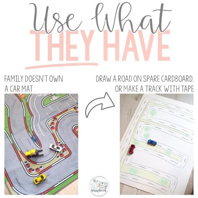 Title reads "Use what they have", on the left there is a picture of a car mat, on the right is a picture of a simple road drawn on a large piece of paper. This is a great alternative option to this common toy for EI sessions.