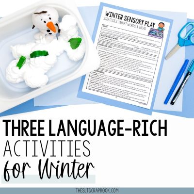 On the top is a picture of a winter sensory bin with the winter sensory bin handout. Underneath black text on a white background reads "three language-rich activities for winter".