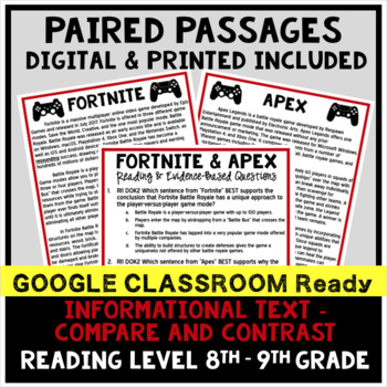 DIGITAL Paired Text Reading and Writing - 8-9 Grade Reading Level