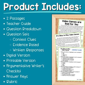 Paired Passages Activity: Argumentative Writing 8th & 9th Grade Video Games - Image 2