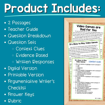 Paired Passages Activities: Argumentative Writing 4th & 5th Grade Video Games - Image 2