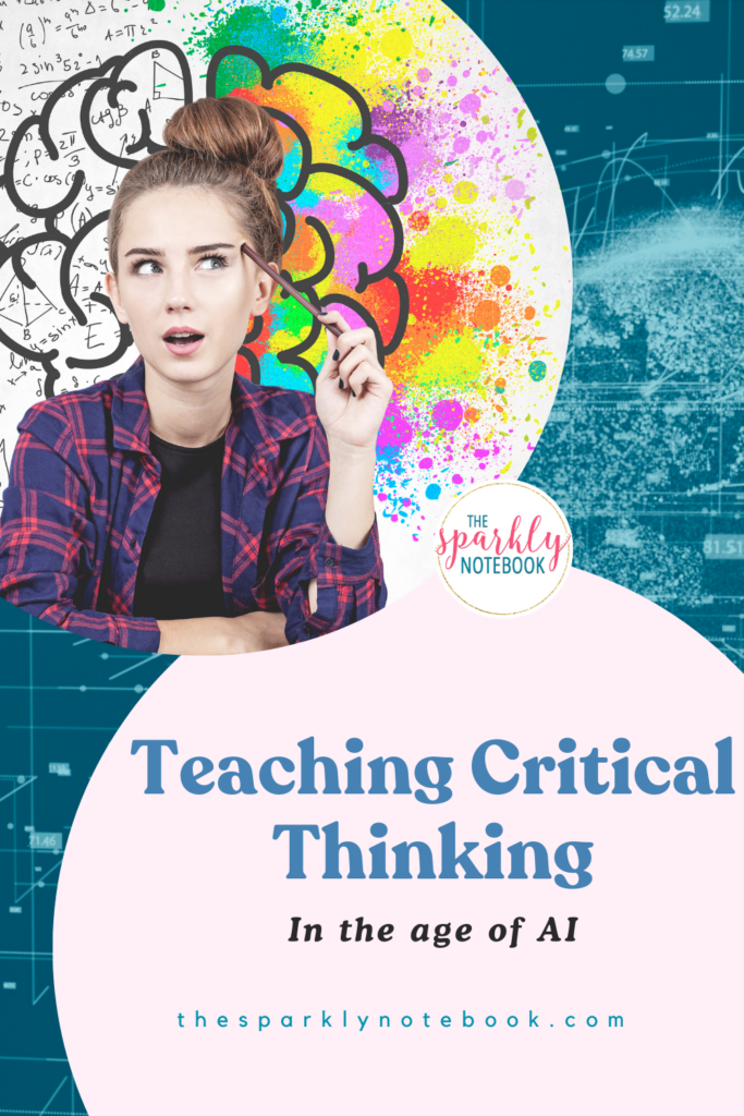 Pin image of a student thinking with a brain in the background. Text reads, "Teaching Critical Thinking in the Age of AI."