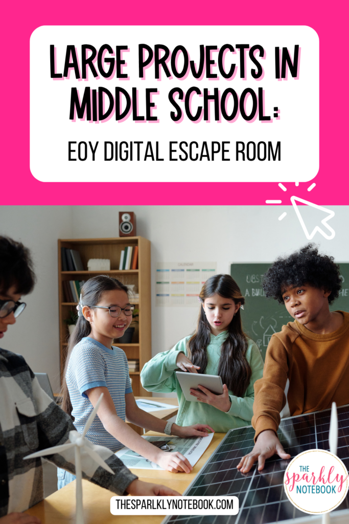 Pin image of four students working together on a project for the end of the year. Text reads, "Large Projects in Middle School: EOY Digital Escape Room".