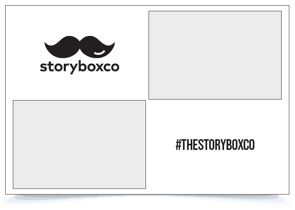 Vintage photo booth frame with mustache logo and event hashtag #TheStoryBoxCo.