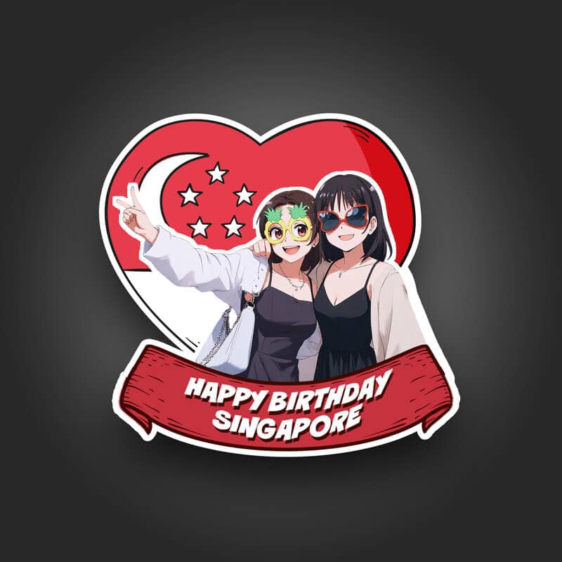 Two women in fun masks celebrating birthday at vintage photo booth in Singapore.