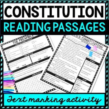U.S. Constitution Reading Passages, Questions and Text Marking + Word Search
