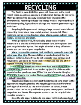 Recycling Color by Number, Reading Passage and Text Marking - Image 4