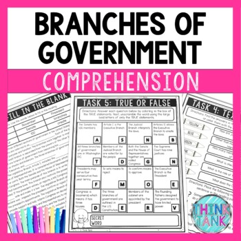 Branches of Government Reading Comprehension Challenge - Close Reading Activity