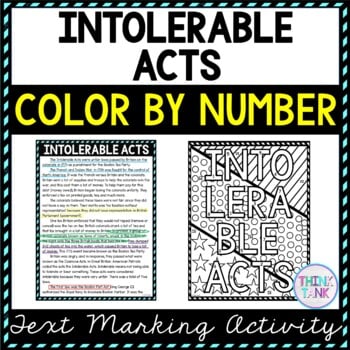 Intolerable Acts Color by Number, Reading Passage and Text Marking