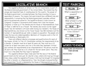 Branches of Government Reading Passages and Text Marking - Image 2