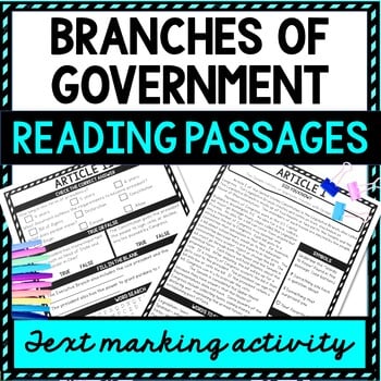 Branches of Government Reading Passages, Questions and Text Marking