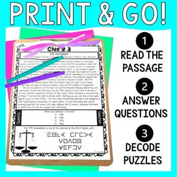 5th Amendment ESCAPE ROOM Activity - Reading Comprehension - Constitution - Image 2