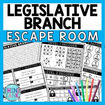 Legislative Branch Escape Room - Task Cards - Reading Comprehension - Government