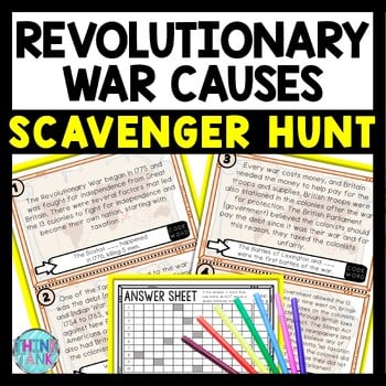 Revolutionary War Causes Scavenger Hunt Reading Comprehension Activity