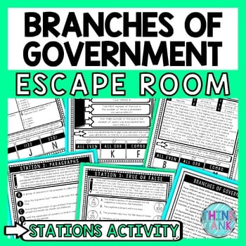 Branches of Government Escape Room Stations - Reading Comprehension Activity