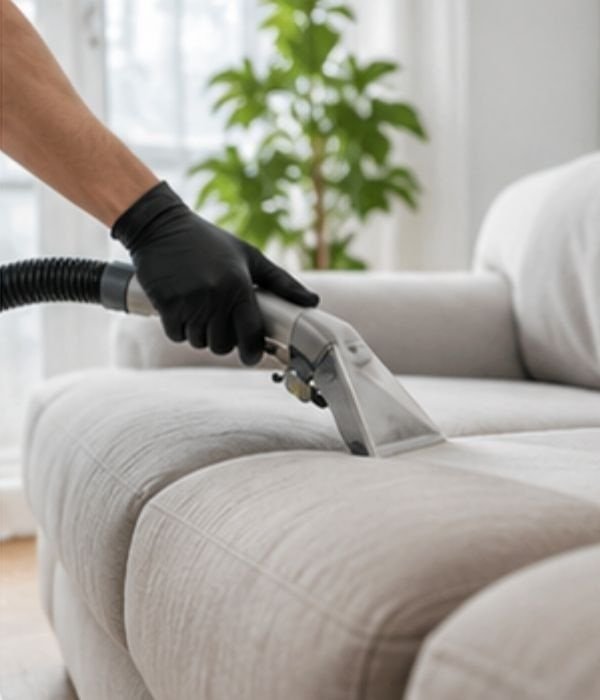 Expert upholstery cleaning with a vacuum on a light-colored sofa.
