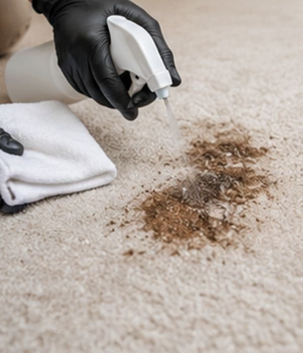 Carpet stain removal with cleaning spray and gloves for hygiene.