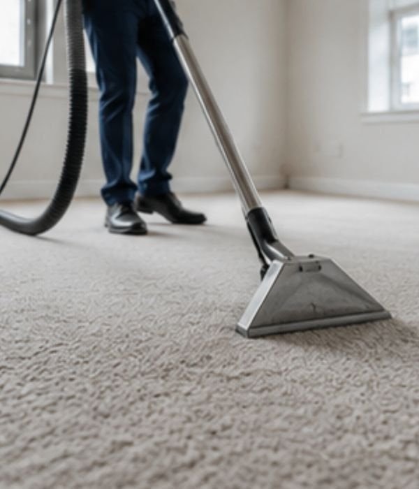 Technician cleaning carpet with professional vacuum cleaner in a bright room.