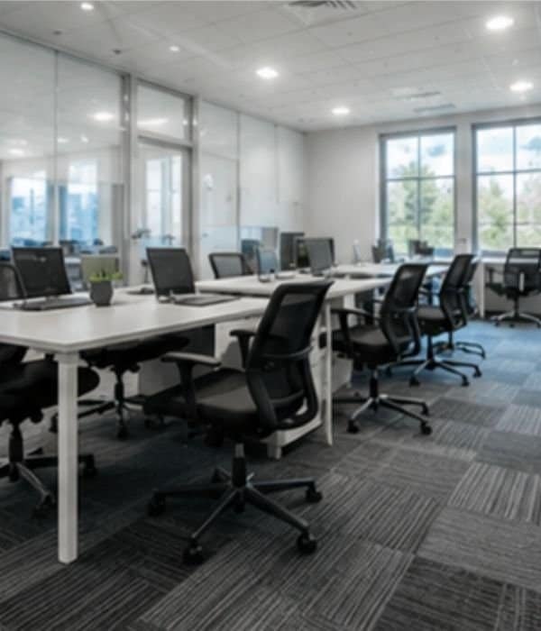 Clean and organized office workspace with desks and chairs.