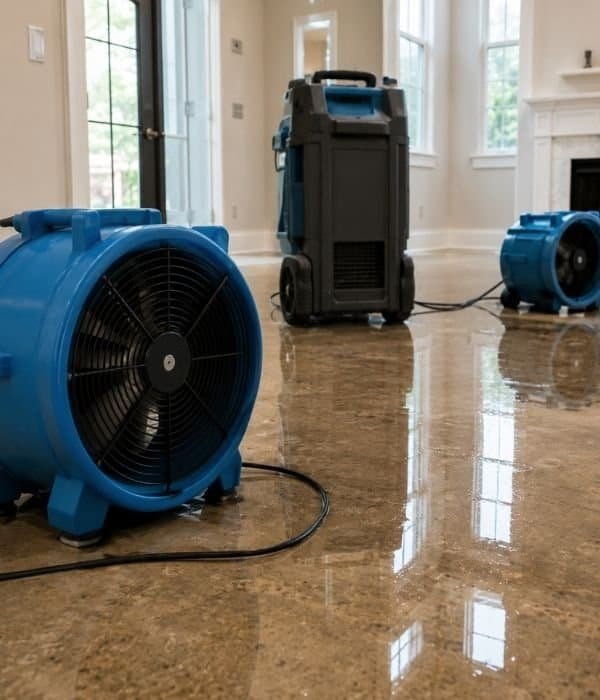 Industrial carpet cleaning equipment in a living room with polished wooden floors.