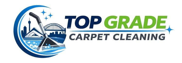 Top Grade Carpet Cleaning logo with cityscape and cleaning tools.