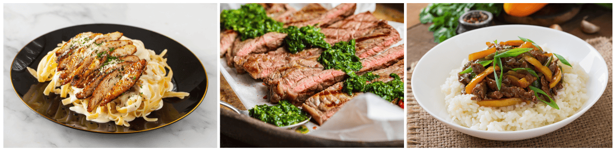 variety of plated dishes, including chicken fettuccine, steak with green chimichurri, and beef vegetable stir fry