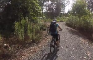 Person cycling on a forest trail in New Zealand with backpack and helmet.