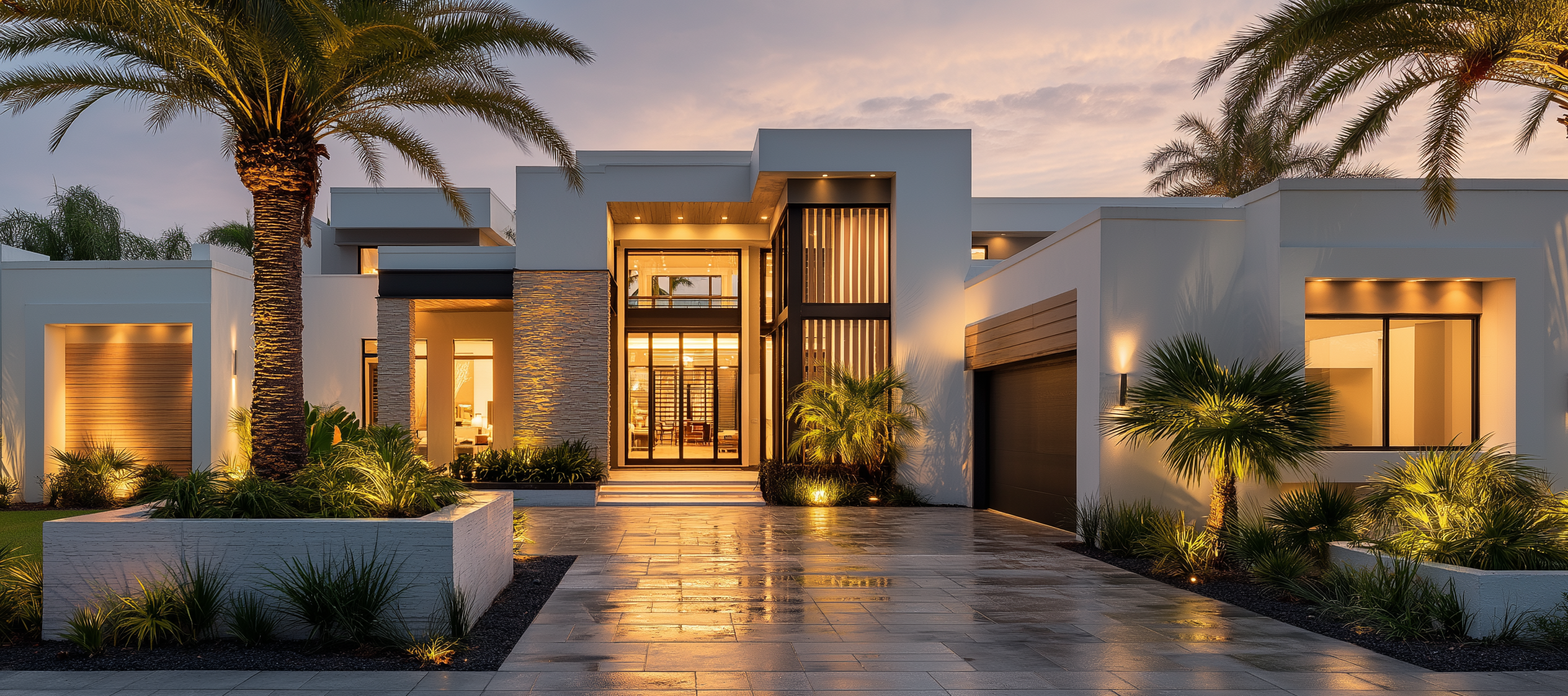 Modern white house with palm trees and warm lighting at dusk
