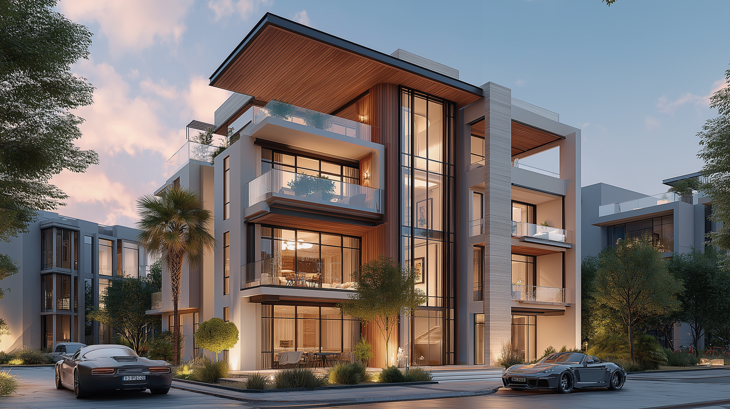 Modern residential building with balconies and two luxury cars parked outside.