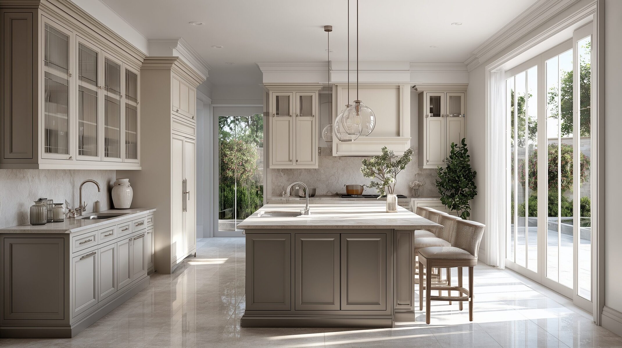 Modern kitchen with light cabinets, an island, and large glass doors.