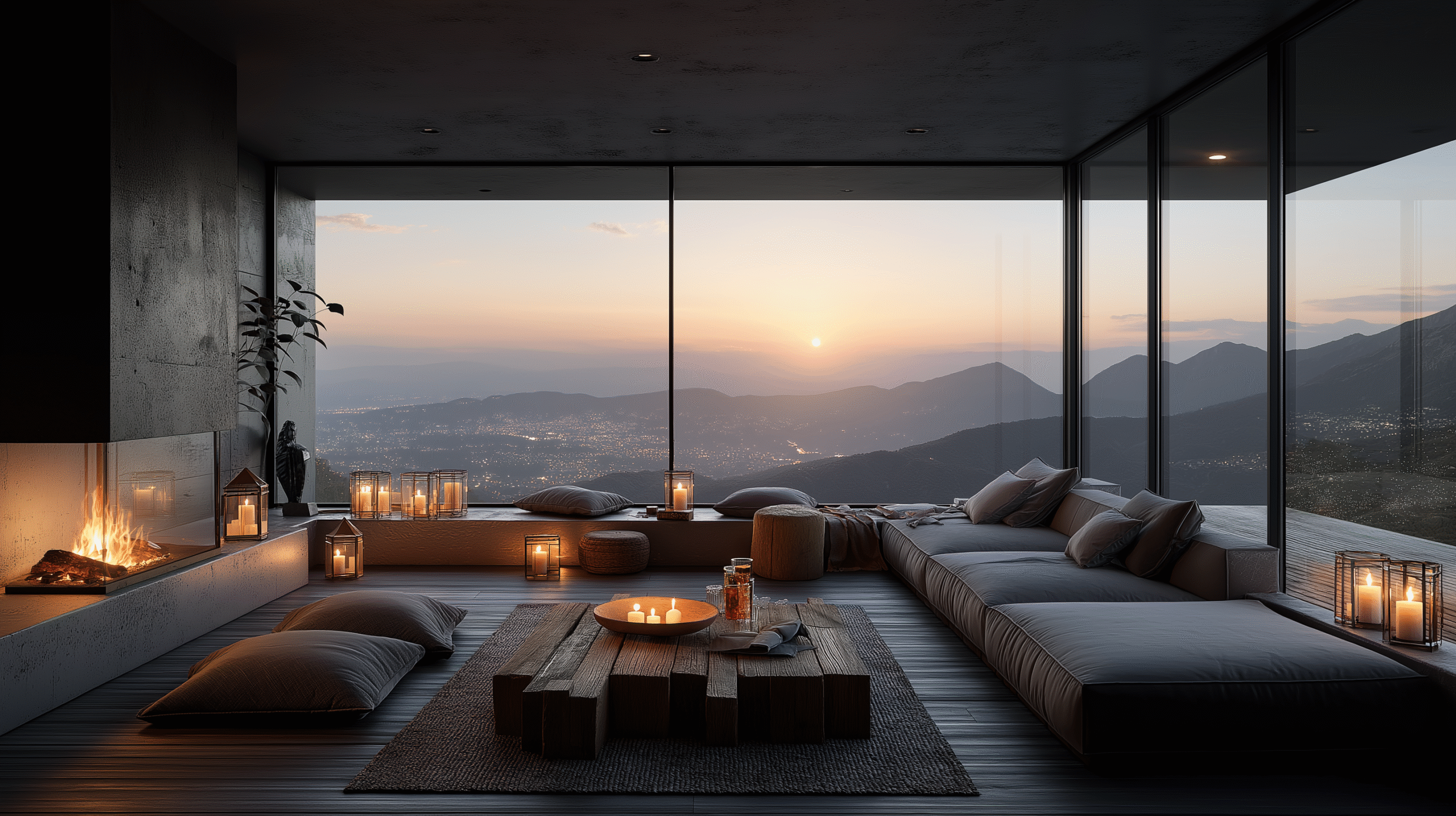 Modern living room with fireplace, large window, and sunset mountain view