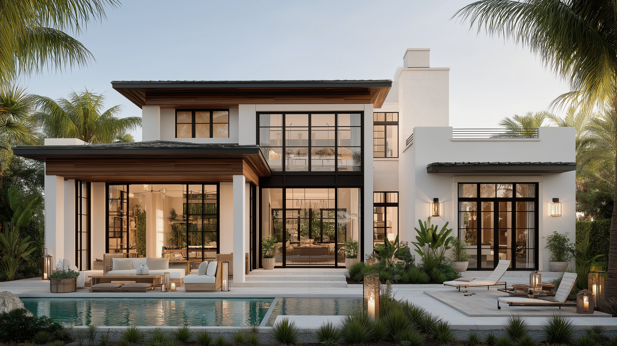 Modern white house with large windows, pool, and palm trees