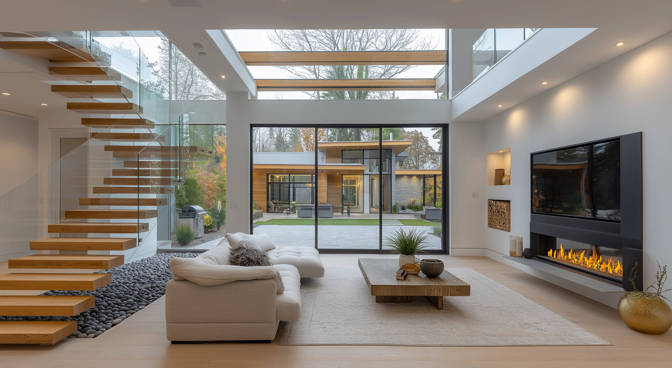 Modern living room with fireplace, stairs, and view of a house.