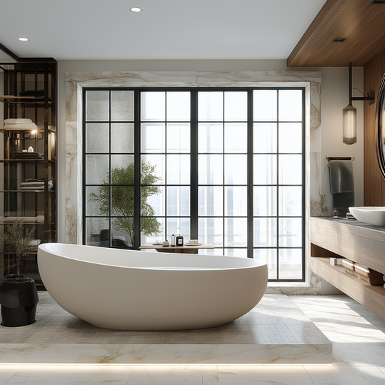 Modern bathroom with freestanding tub, large window, and wooden vanity.