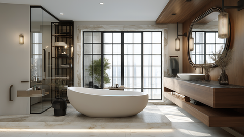 Modern bathroom with a freestanding tub, large window, and wooden vanity.