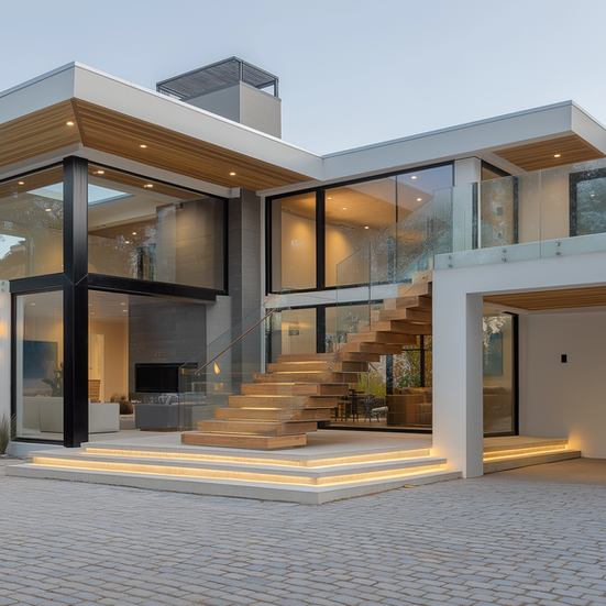 Modern house exterior with large windows, wooden stairs, and outdoor lighting.