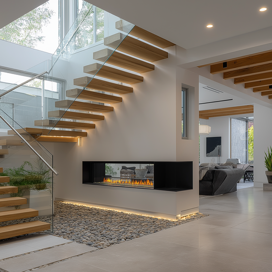 Modern floating wooden staircase with glass railing and built-in fireplace.