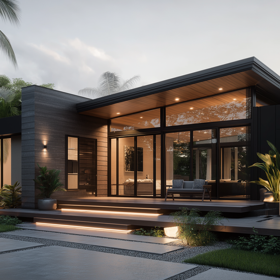Modern house with large windows and outdoor seating at dusk