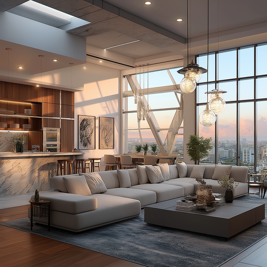 Modern open-plan living room with large windows and city views