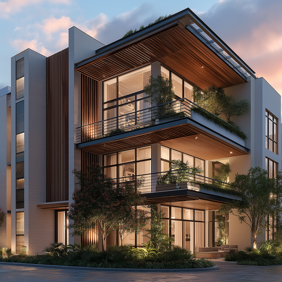 Modern building with large windows and multiple balconies at sunset