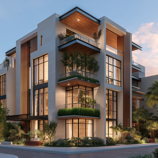 Modern building with large windows and balconies at dusk