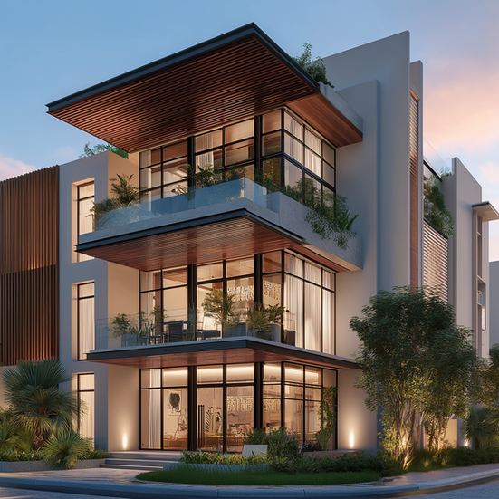 Modern three-story building with large windows and wooden accents at dusk