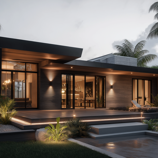 Modern house with a wooden deck and large glass doors at dusk.